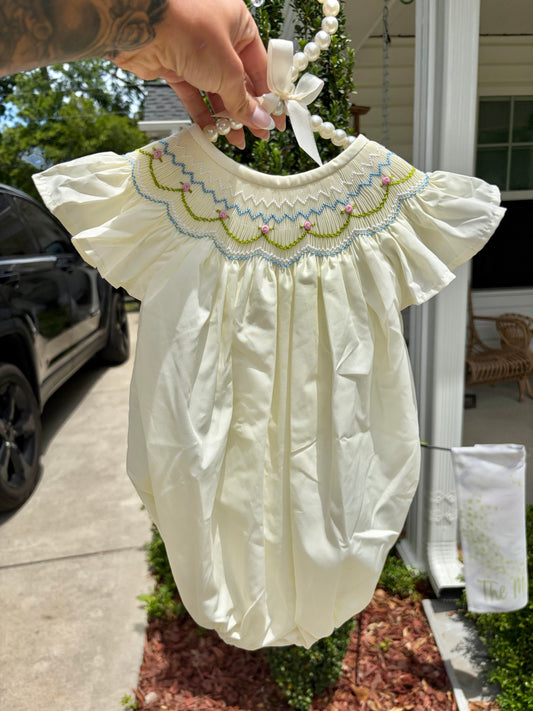 Yellow Floral Hand Smocked Bubble
